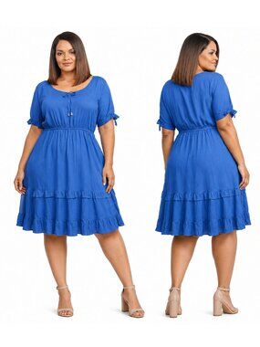 Tiered Drawstring Waist Blue Dress